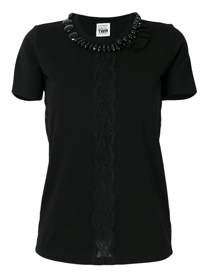 Twin-set - Embellished Neck T-shirt - Women - Cotton/polyester/spandex/elastane - M, Black, Cotton/polyester/spandex/elastane