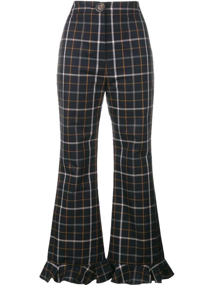 A.w.a.k.e Checked Ruffle Hem Trousers, Women's, Size: 42, Blue, Cotton/polyester