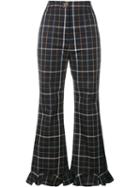 A.w.a.k.e Checked Ruffle Hem Trousers, Women's, Size: 42, Blue, Cotton/polyester