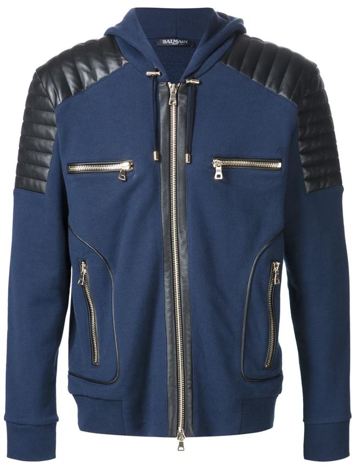 Balmain Zipped Up Hoodie, Men's, Size: Medium, Blue, Lamb Skin/cotton