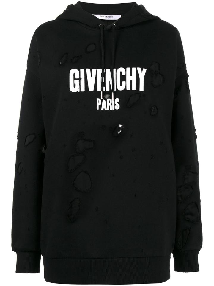 Givenchy Oversized Distressed Logo Print Hoodie - Black