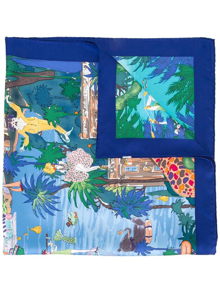 Salvatore Ferragamo Printed Scarf, Men's, Blue, Silk
