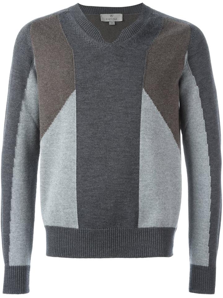Canali V-neck Jumper, Men's, Size: 50, Grey, Merino