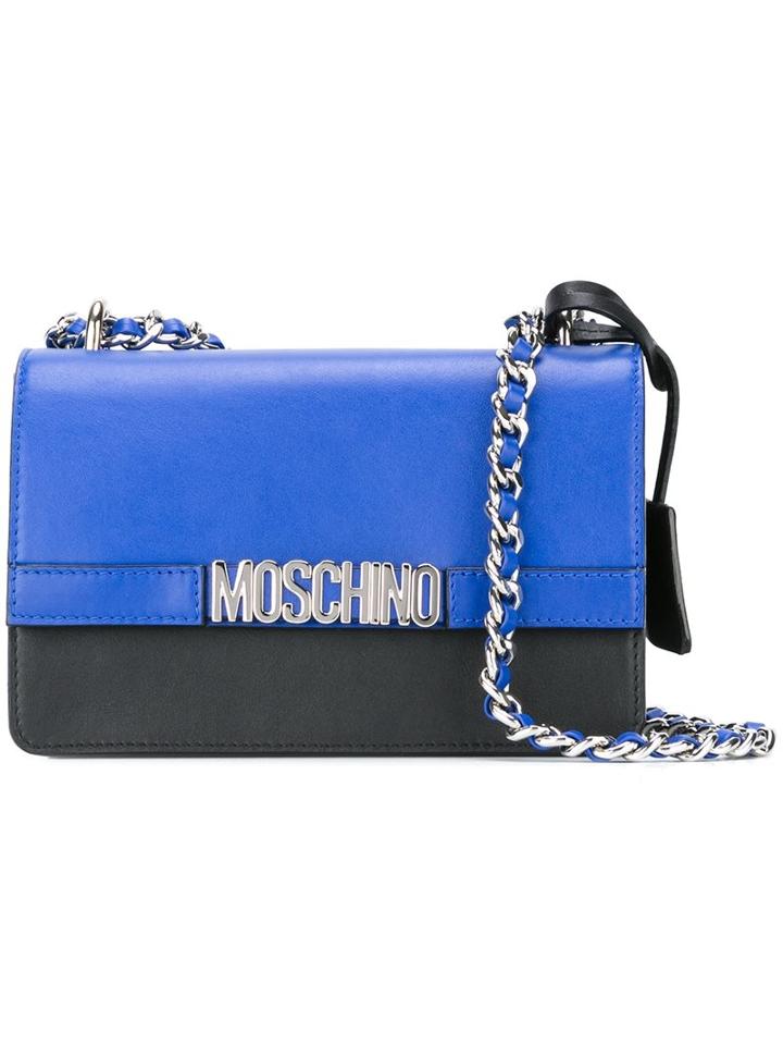 Moschino Logo Plaque Shoulder Bag, Women's, Blue, Leather