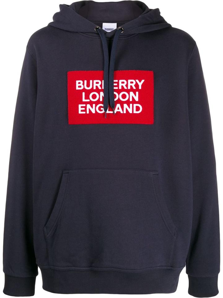 Burberry Logo Patch Drawstring Hoodie - Blue