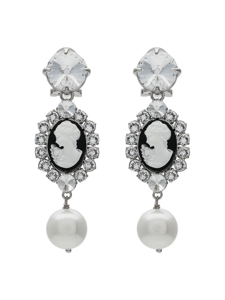 Miu Miu Metallic Cameo Crystal Faux Pearl Earrings - White