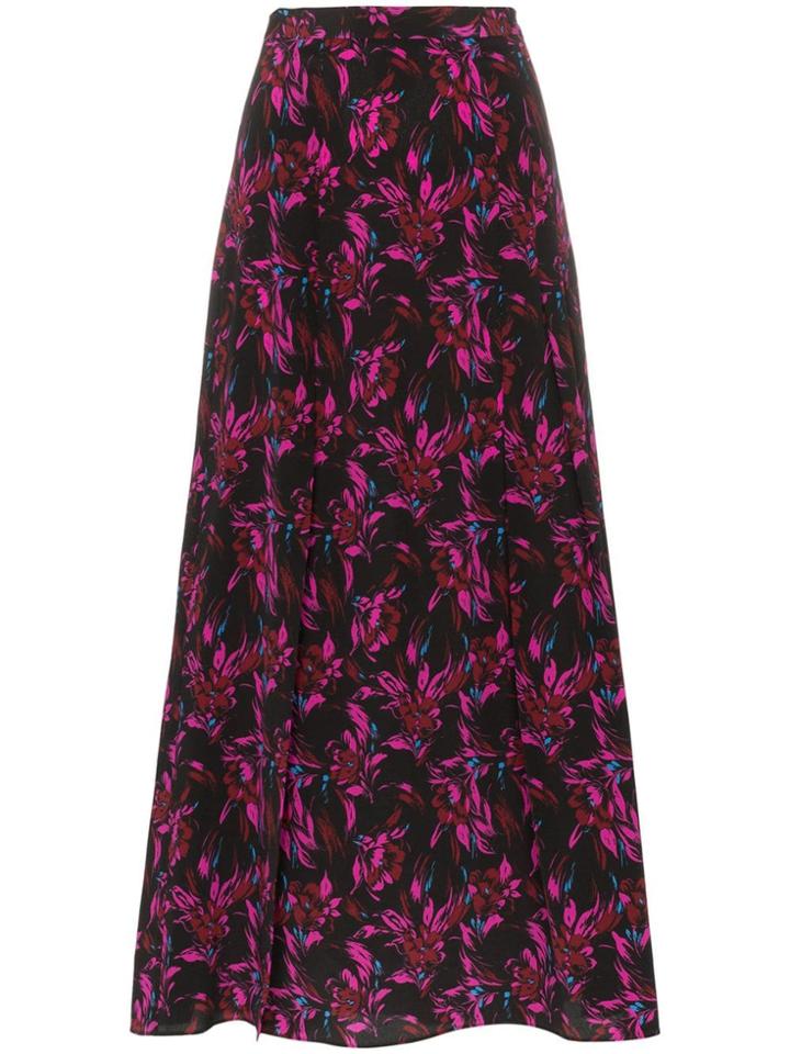 Les Reveries High-waisted Floral Print Front Slit Silk Midi Skirt -