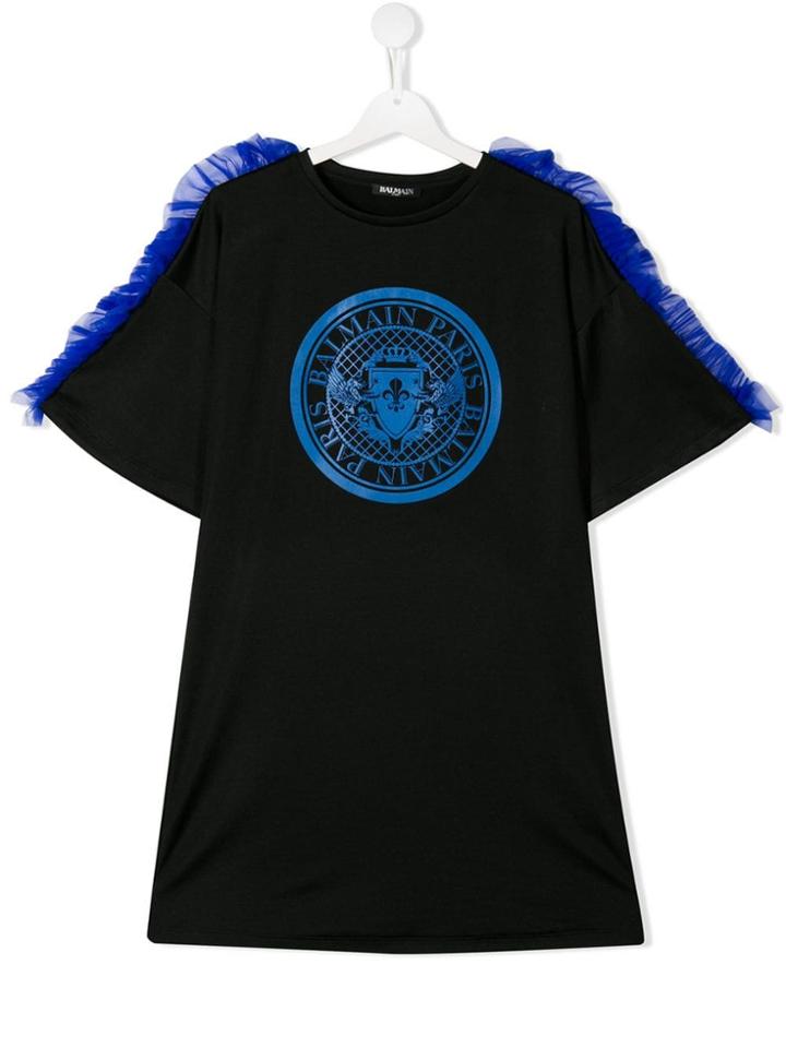 Balmain Kids Ruffle-trim Logo T-shirt - Black