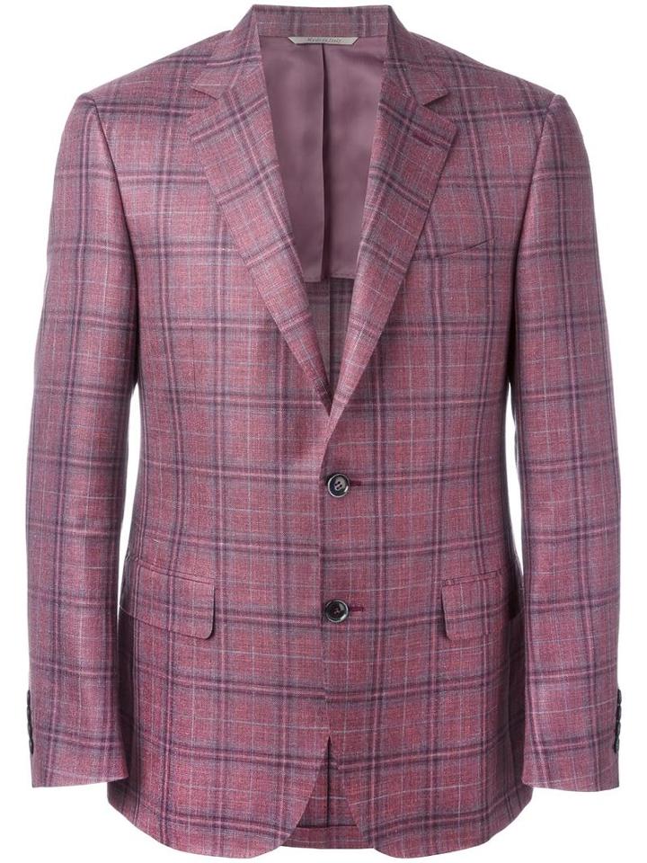 Canali Plaid Blazer, Men's, Size: 56, Red, Silk/linen/flax/wool/cupro