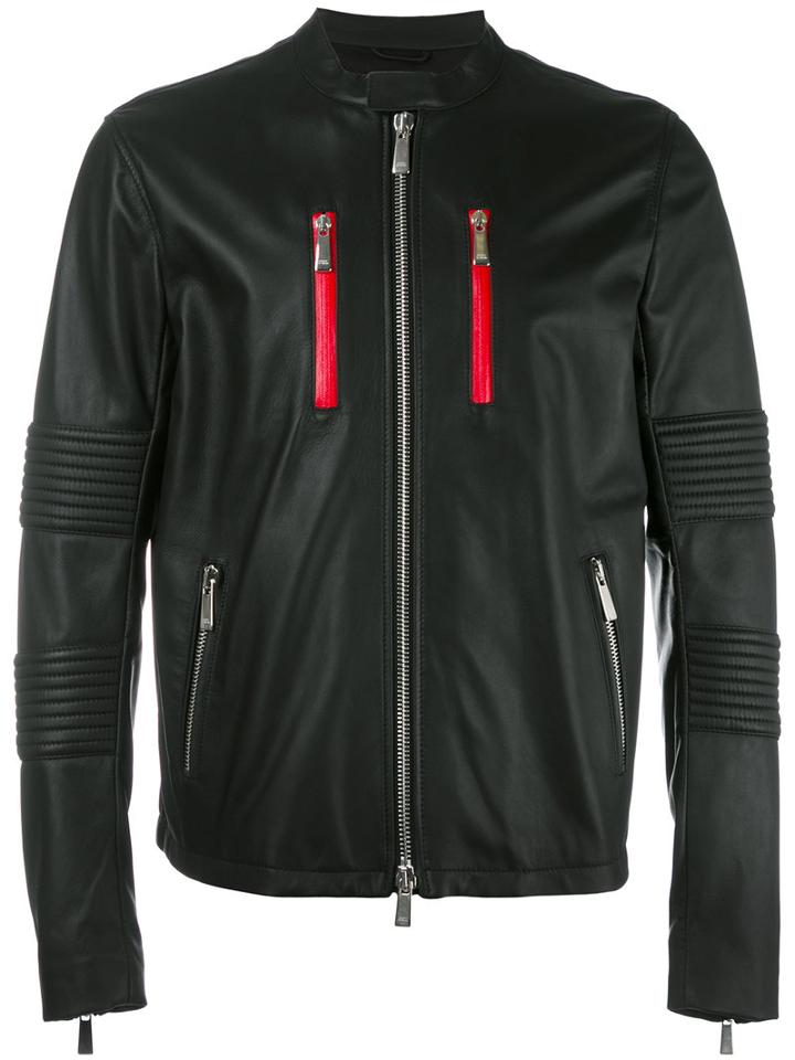 Marcelo Burlon County Of Milan Banded Collar Leather Jacket, Size: Large, Black, Lamb Skin/polyester/cotton