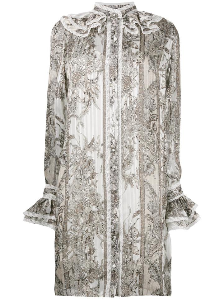 Roberto Cavalli - Frill Detail Floral Shirt Dress - Women - Silk - 40, White, Silk