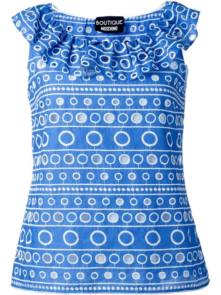 Boutique Moschino Embroidered Frill Tank Top, Women's, Size: 44, Blue, Cotton/polyester