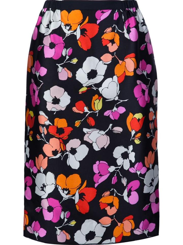 Oscar De La Renta Floral Print Straight Skirt, Women's, Size: 4, Black, Silk/cotton