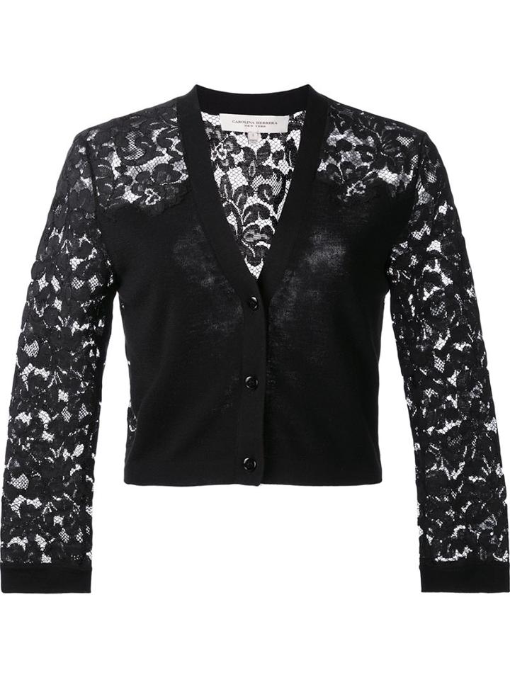 Carolina Herrera Lace Sleeve Cardigan, Women's, Size: Medium, Black, Cotton/nylon/viscose/virgin Wool