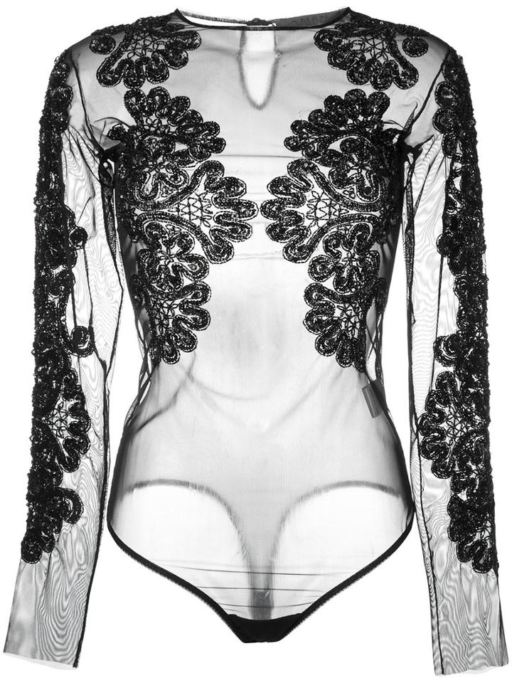 Amen - Sheer Beaded Bodysuit - Women - Polyamide/polyester/spandex/elastane/glass - 40, Black, Polyamide/polyester/spandex/elastane/glass
