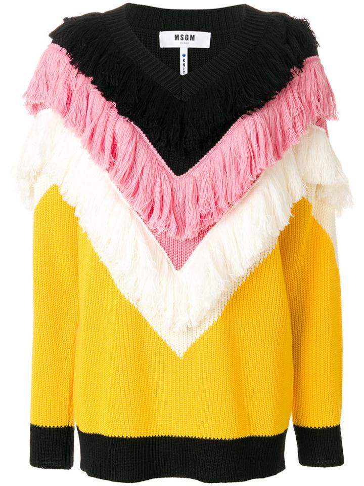 Msgm Tiered Fringe V-neck Jumper - Yellow & Orange
