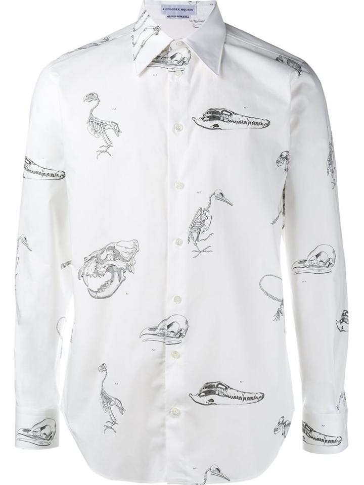 Alexander Mcqueen Victorian Skeleton Print Shirt, Men's, Size: 16, White, Cotton