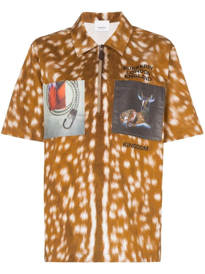 Burberry Bambi Print Zip-front Cotton Polo Shirt - Brown
