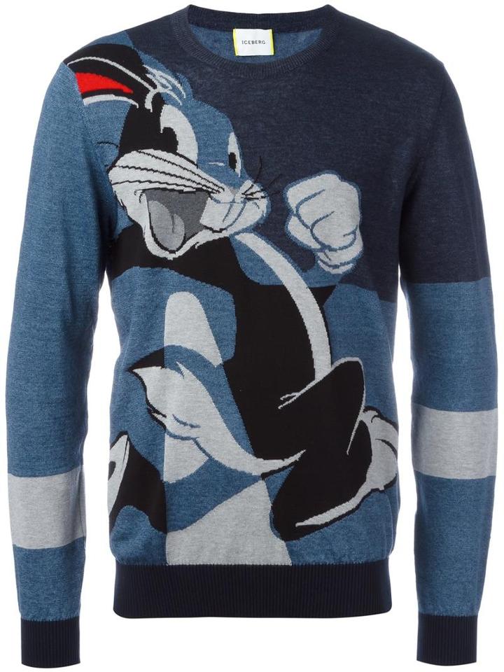 Iceberg Bugs Bunny Motif Jumper, Men's, Size: Medium, Blue, Linen/flax/cotton