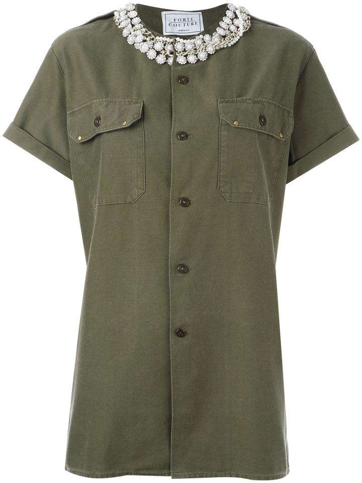 Forte Couture Stoned Collar Shirt, Women's, Size: Large, Green, Cotton/brass/plastic/polyester