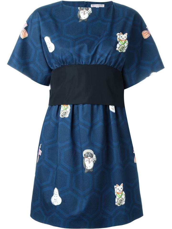 Olympia Le-tan Printed Belted Short Dress, Women's, Size: 40, Blue, Acetate/cotton/spandex/elastane