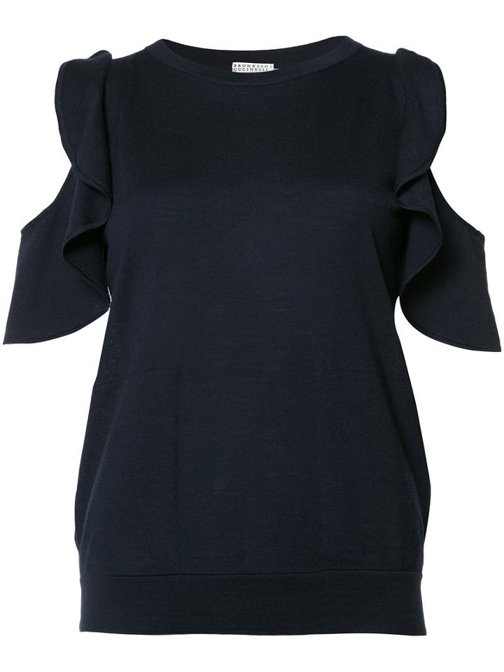 Brunello Cucinelli Cold Shoulder Knit Top, Women's, Size: Small, Blue, Cashmere/virgin Wool
