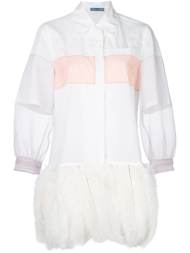 Prada Organza Sleeve Feather Trim Shirt - White