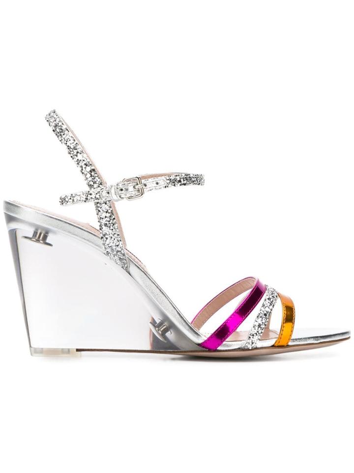 Miu Miu Glitter Wedge Sandals - Silver