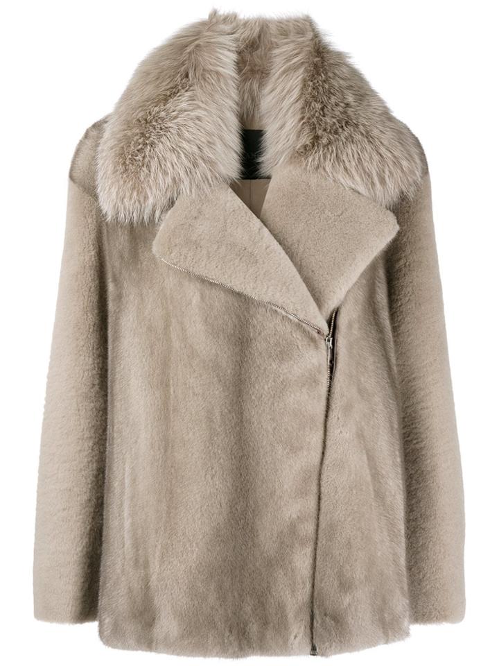 Blancha Asymmetric Fur Jacket - Nude & Neutrals