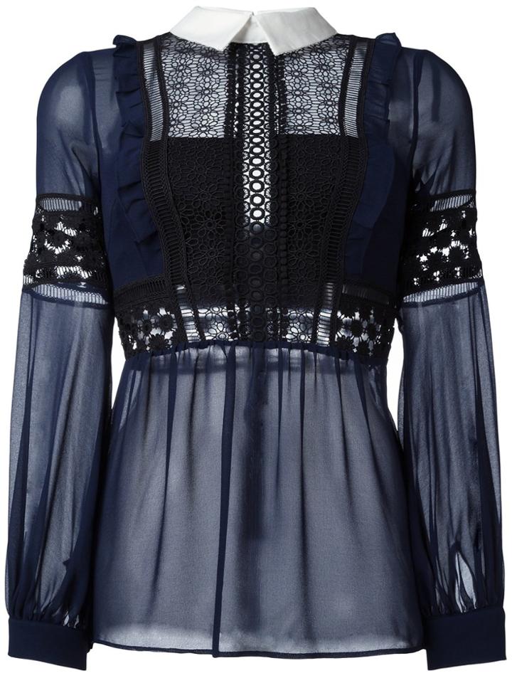 Self-portrait Embroidered Sheer Blouse - Blue