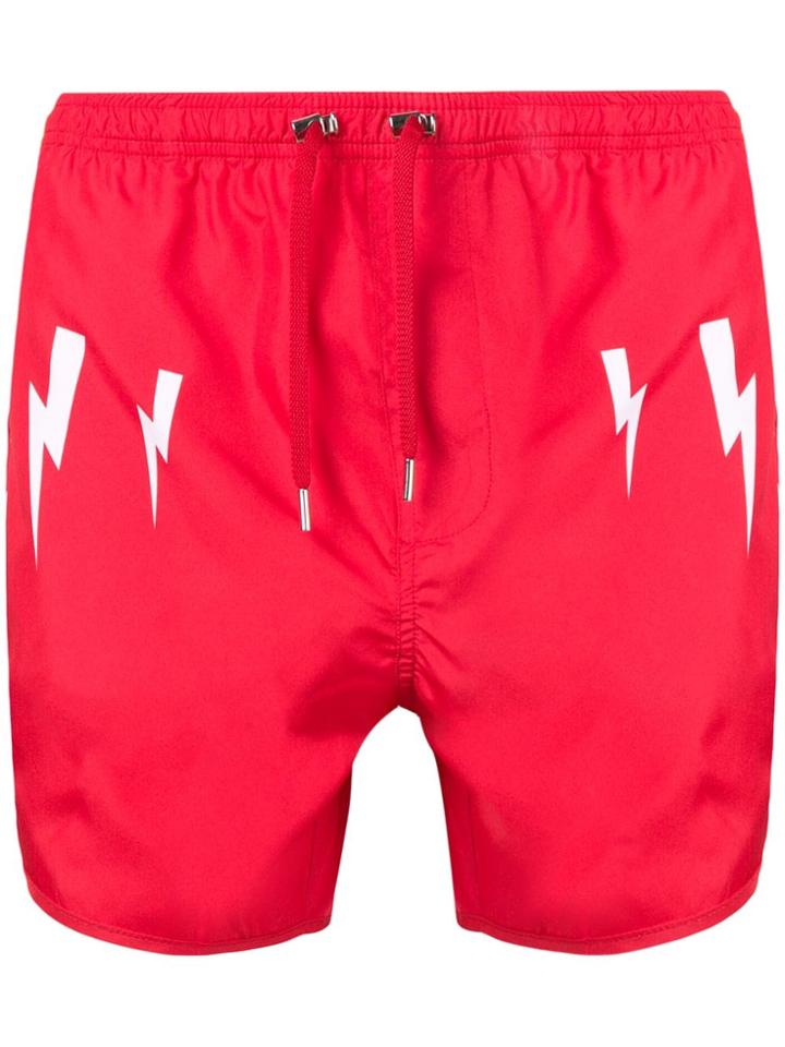 Neil Barrett Lightning Bolt Print Swim Shorts - Red