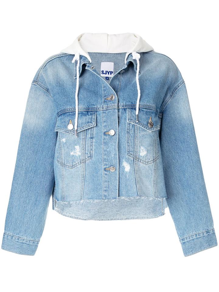 Sjyp Hooded Crop Denim Jacket - Blue