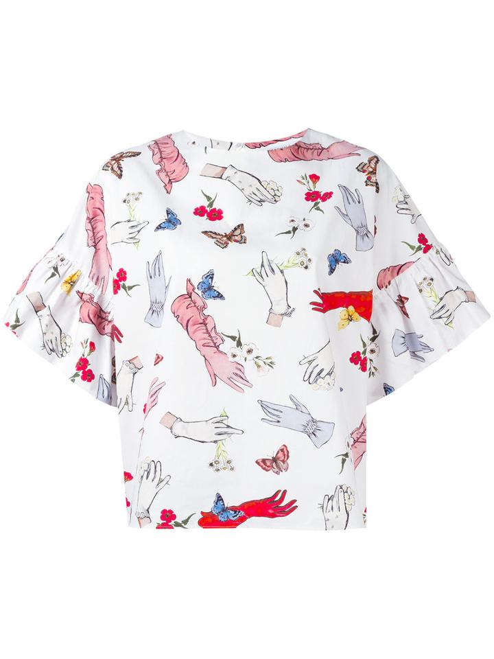 Vivetta - Ruffle Sleeve Printed Top - Women - Cotton - 44, White, Cotton
