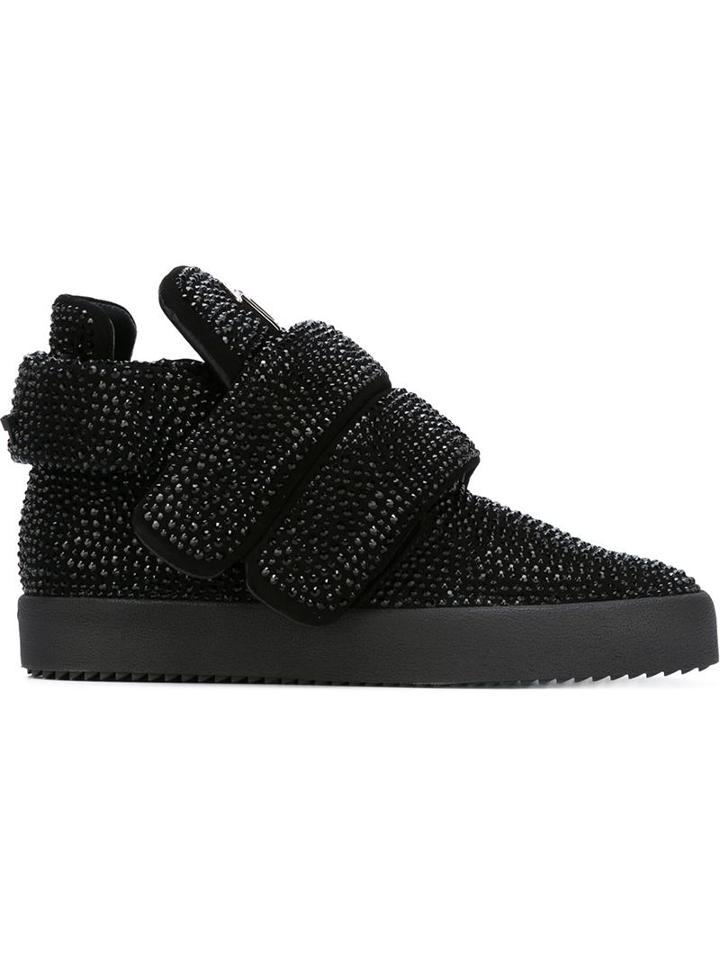 Giuseppe Zanotti Design Velcro Fastening Glitter Hi-top Sneakers, Men's, Size: 42, Black, Suede/rubber/pvc