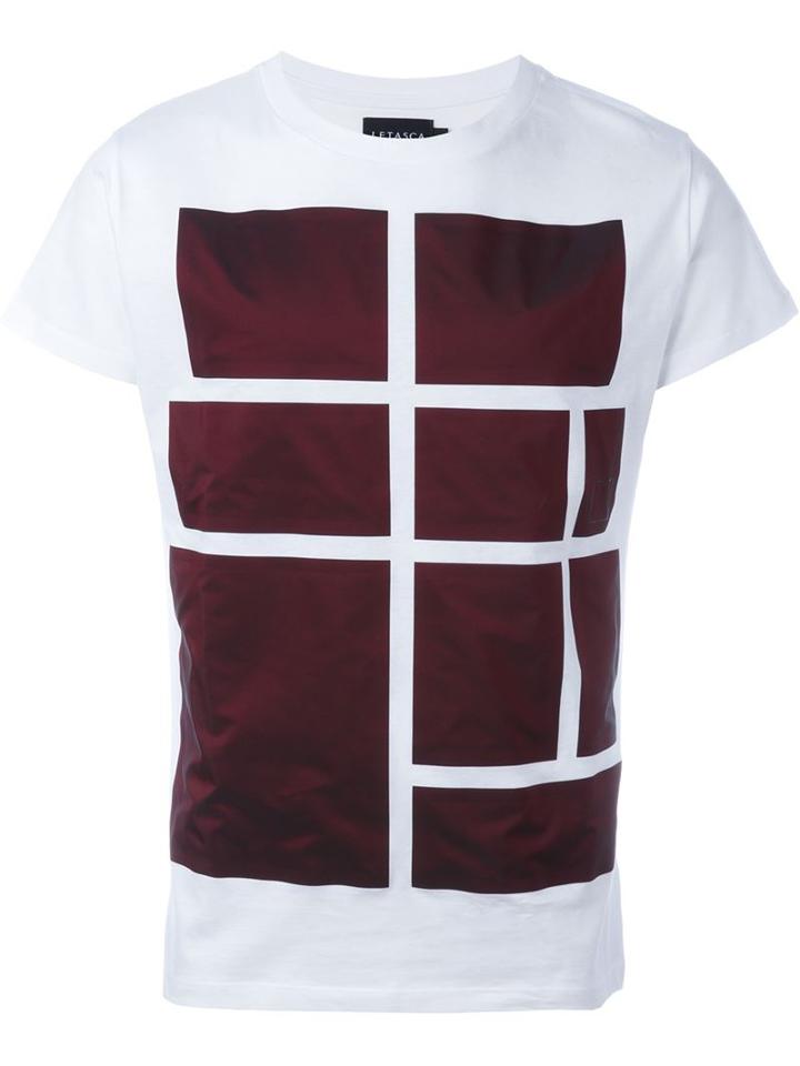 Letasca Bordeaux Red Squares Print T-shirt, Men's, Size: L, White, Cotton
