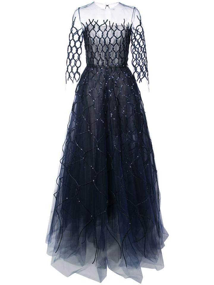 Oscar De La Renta Sequin-embroidered Fishnet Gown - Blue
