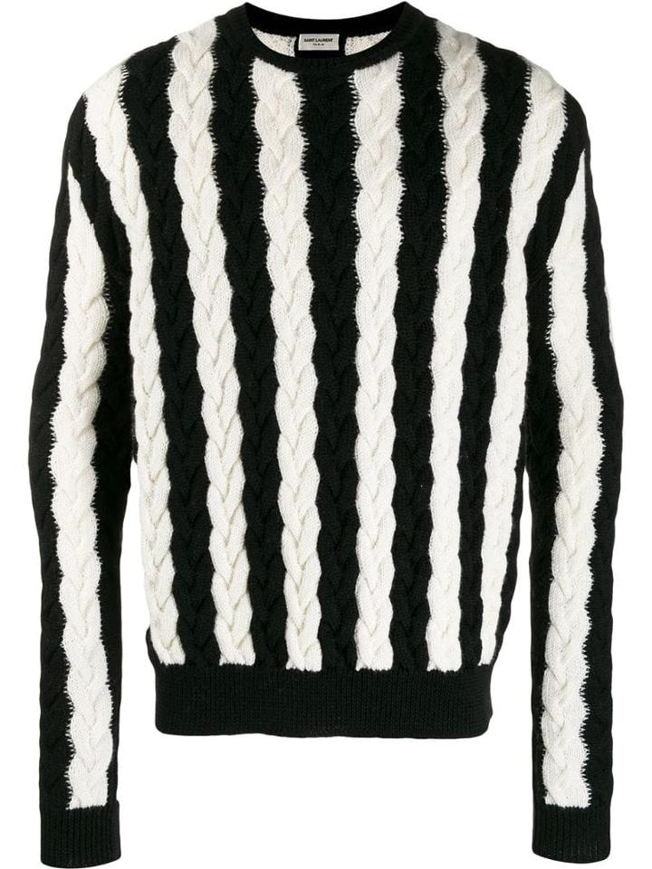 Saint Laurent Striped Chunky Cable Knit Sweater - Black