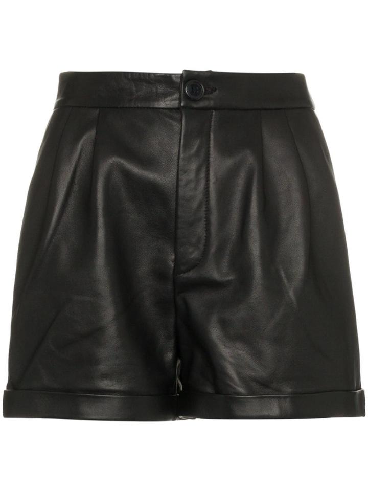 Frame Denim Pleated Leather Shorts - Black
