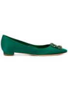 Manolo Blahnik Green Hangisi Buckle Satin Pumps