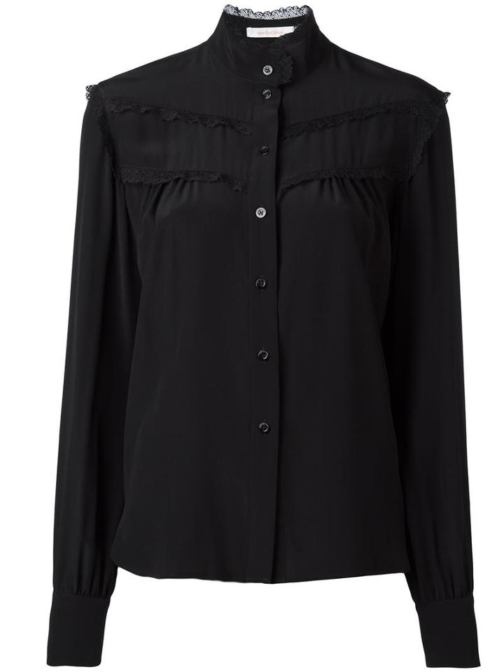 See By Chloé Ruffled Trim Shirt, Women's, Size: 40, Black, Silk/polyester/spandex/elastane
