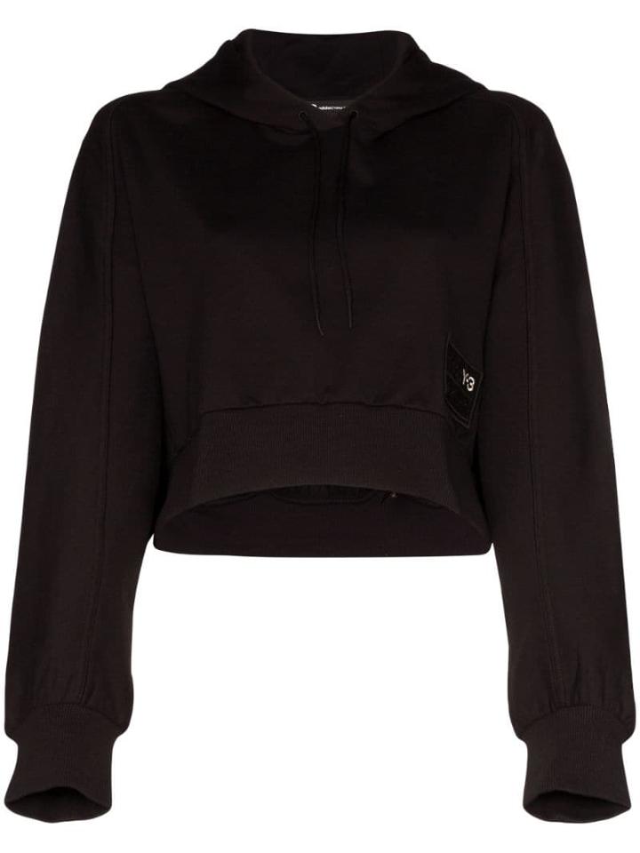 Y-3 Logo Crop Cotton Hoodie - Black
