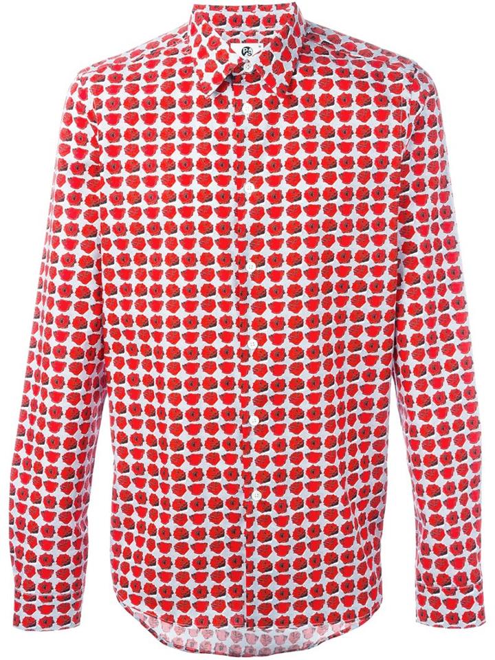 Ps By Paul Smith Rose Print Shirt, Men's, Size: Medium, Grey, Cotton
