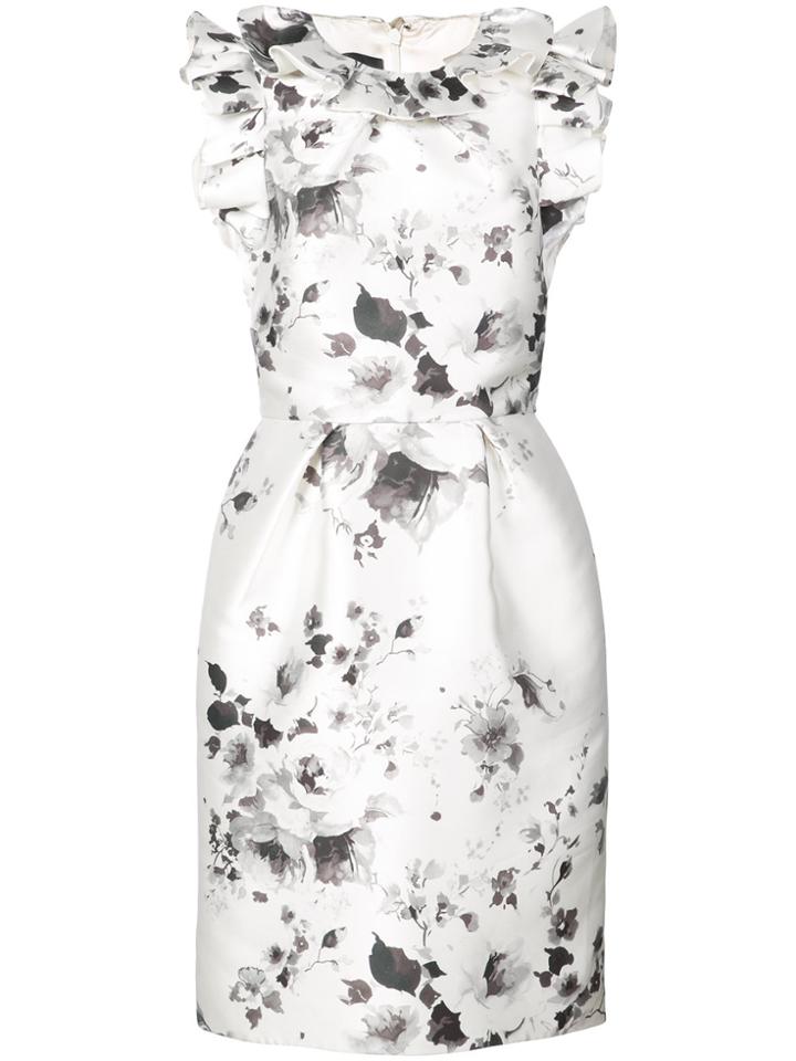 Monique Lhuillier Floral Print Ruffle Dress - White