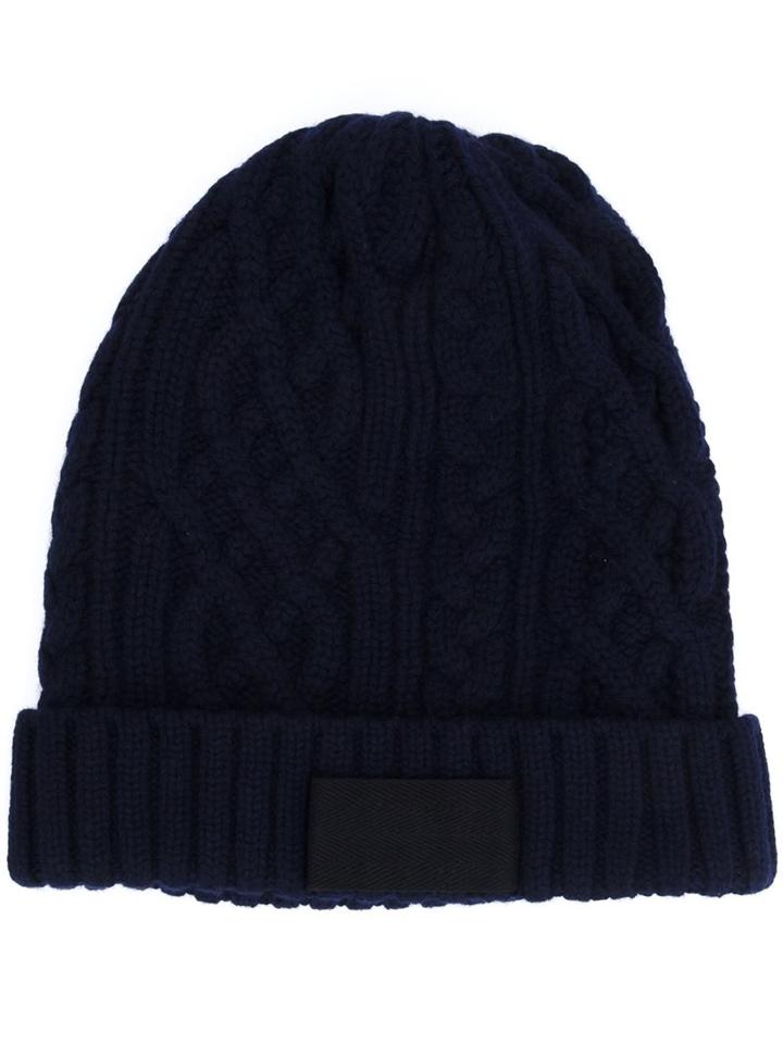 Sacai Cable Knit Beanie, Men's, Blue, Leather