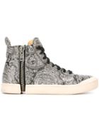 Diesel Paisley Print Zip Up Hi-top Sneakers, Men's, Size: 42, Grey, Leather/rubber