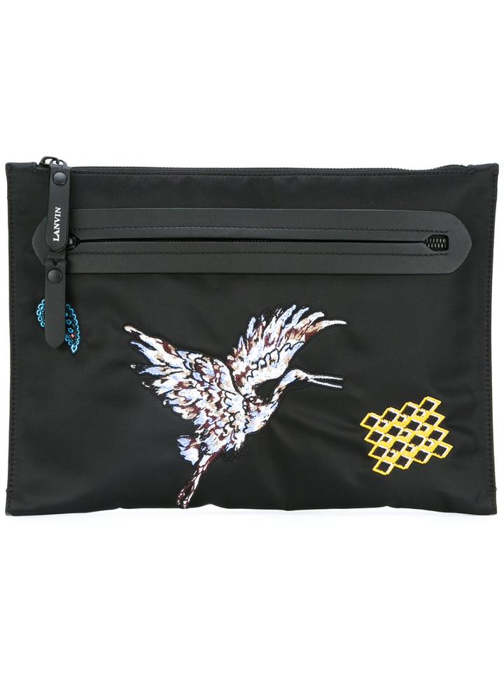 Lanvin Crane Patch Detail Clutch, Men's, Black, Polyamide/calf Leather/polyester
