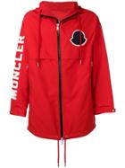 Moncler Logo Print Hooded Coat - Red