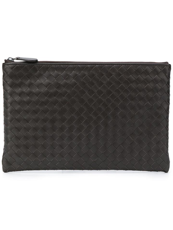 Bottega Veneta Woven Strip Top Zip Clutch - Brown