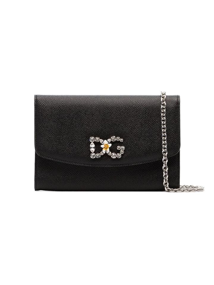 Dolce & Gabbana Black Dg Crystal Embellished Leather Wallet On Chain