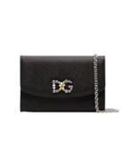 Dolce & Gabbana Black Dg Crystal Embellished Leather Wallet On Chain